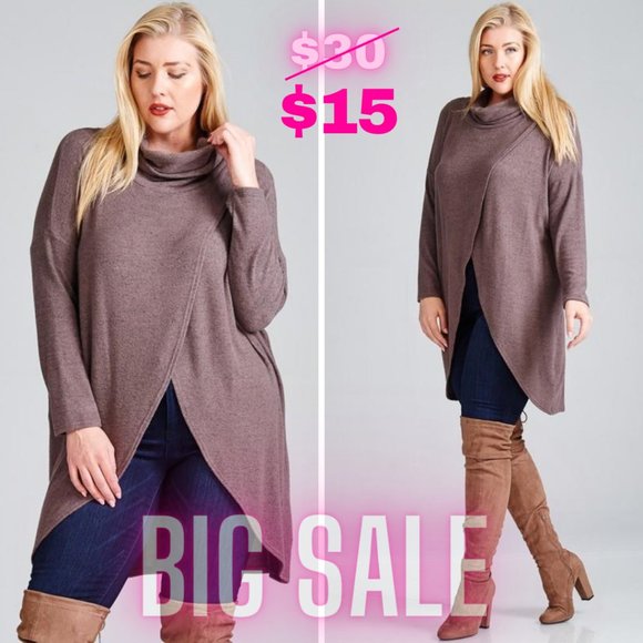 Boutique Sweaters - Hacci Brush Cowl Neck Long Pullover Top Plus Size